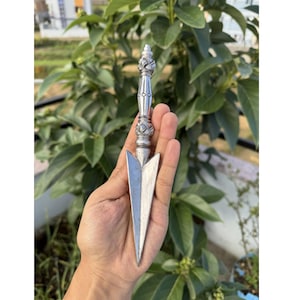 May include: A silver-colored dagger with a decorative handle and a two-toned blade. The handle features intricate carvings, and the blade has a sharp, pointed tip. The dagger is held in a hand against a backdrop of green foliage.