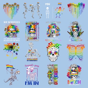 May include: A collection of colorful graphic designs featuring skulls, skeletons, and rainbow elements. The designs include text such as "No Worries", "I'm In", and "Different!" The images are set against a light blue background.