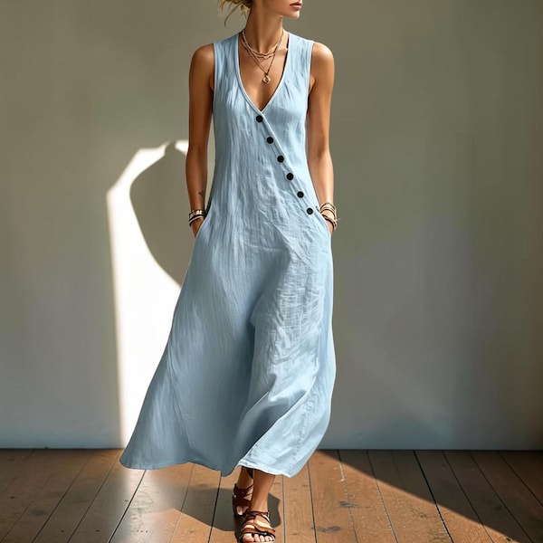 Handgemaakte katoenen linnen mouwloze maxi-jurk – zomerkleding voor strandvakanties