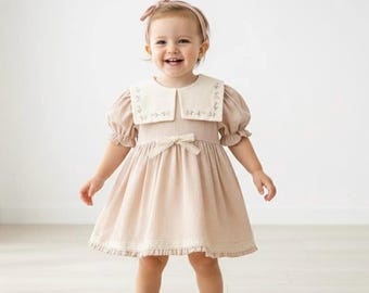Baby Mädchen Kleid, Rosa Baumwolle Baby Kleid, Kleid mit besticktem Kragen, Vintage Baby Outfit, Kleinkind Party Kleid, Erster Geburtstag Kleid, Ostern Dr