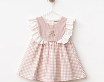 Baby Dress with Ruffle Sleeves and Rabbit  Embroidery | Organic Cotton Toddler Dress