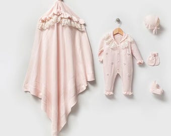 Lace Collar Knit Baby Girl Coming Home Outfit: 5-Piece Set