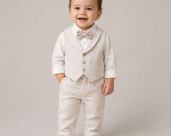 Personalized Baby Boy Christening Outfit with Name, Beige Linen Baptism Suit, Ring Bearer Suit, Baby Wedding Outfit, 4 Piece Formal Set