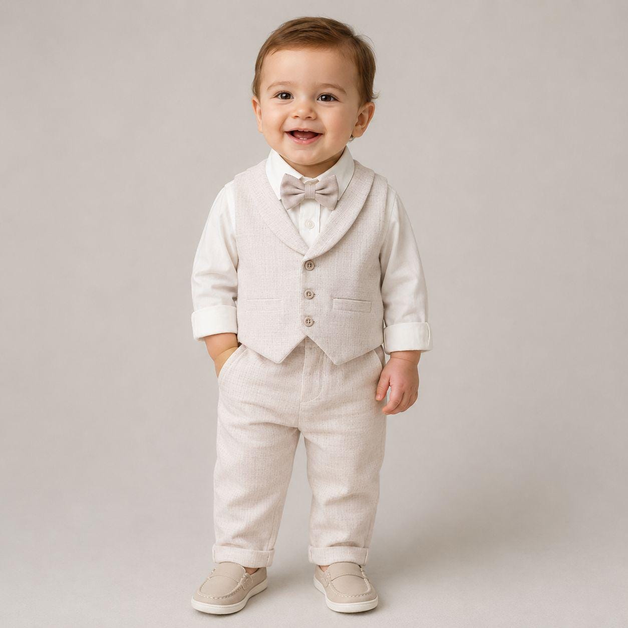 Personalized Baby Boy Christening Outfit with Name, Beige Linen Baptism Suit, Ring Bearer Suit, Baby Wedding Outfit, 4 Piece Formal Set