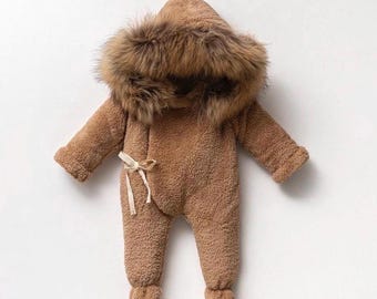 Teddy Bear Newborn Snowsuit, Faux Fur Hood, Fleece Baby Romper
