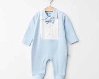 Newborn Baby Boy Cotton Tuxedo Romper with Bow Tie – Elegant Infant Outfit
