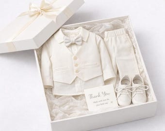 Ivory Baby Boy Outfit Set with Shoes – Luxury Gift Box Special Occasion