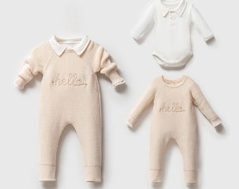Organic Cotton Baby 2-Piece Set | Knit “Hello” Romper & Collared Bodysuit | Baby Going Home Outfit