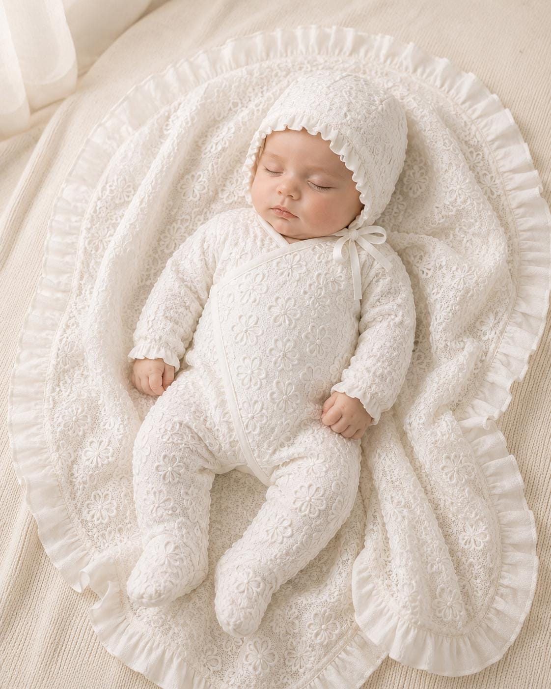 Ivory Floral Cotton Newborn Set - Embossed Flower Romper, Matching Bonnet & Ruffle Blanket - Baby Coming Home Outfit - Baby Shower Gift