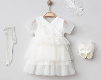 Ivory Christening Dress for Baby Girl, Baptism Dress, Baby Tulle Dress, Floral Embroidered Dress, First Birthday Outfit, Baby Shower Gift