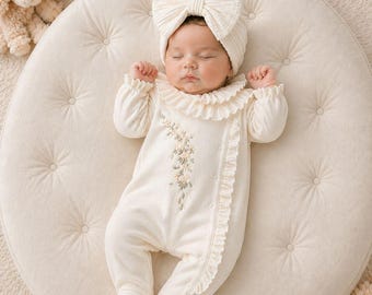 Organic Cotton Baby Romper: Floral Embroidery, Ruffle Details, Matching Bonnet