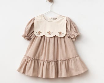 Baby Girl Dress – Muslin Cotton, Floral Embroidery, Ruffle Outfit, Toddler Birthday Outfit
