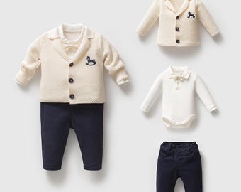 Baby Boy Knit Outfit – Blazer, Bow Tie Bodysuit & Pants