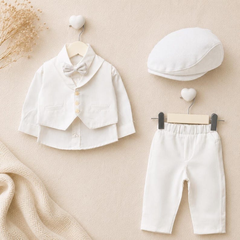 May include: A white long-sleeved shirt with a matching white vest, a small light gray bow tie, white trousers with an elastic waistband, and a white flat cap. The shirt features a button-down front, and the vest has three small buttons.