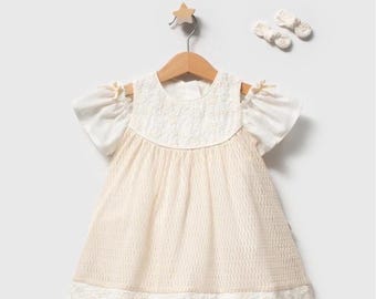 Pastel Cotton Baby Dress, Ruffle Sleeves, Lace Details, Matching Headband