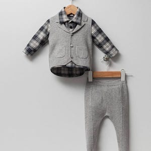Organic Cotton Baby Boy Outfit: Knit Vest, Plaid Shirt & Pants