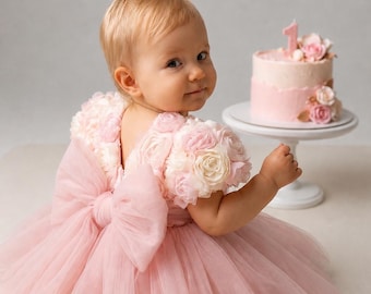 Baby Girl Flower Dress, Pink Tulle Toddler Dress, First Birthday Outfit, Rosette Princess Dress, Baby Shower Dress, Special Occasion Gown