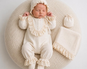 Muslin Baby Romper Set, Newborn Coming Home Outfit, Baby Gift Set, Muslin Blanket & Bonnet Set, Baby Shower Gift