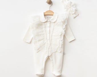 Elegant Lace Baby Girl Romper with Headband | Coming Home Outfit