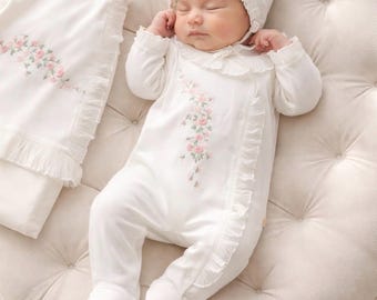 Vintage Style Embroidered Baby Girl Outfit, Ruffle Newborn Romper, Heirloom Quality Set