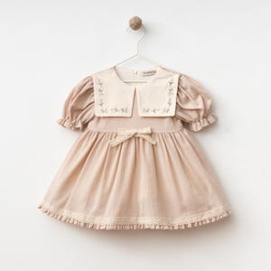 Embroidered Vintage Baby Girl Dress.Cotton Dress with Puff Sleeves, Peter Pan Collar & Lace Details