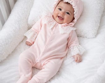 Pink Lace Baby Girl Romper Set – Bonnet, Blanket, Mittens, Newborn Coming Home Outfit