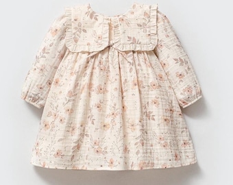 Baby Girl Muslin Dress, Floral Ruffle Collar, Long Sleeve Outfit