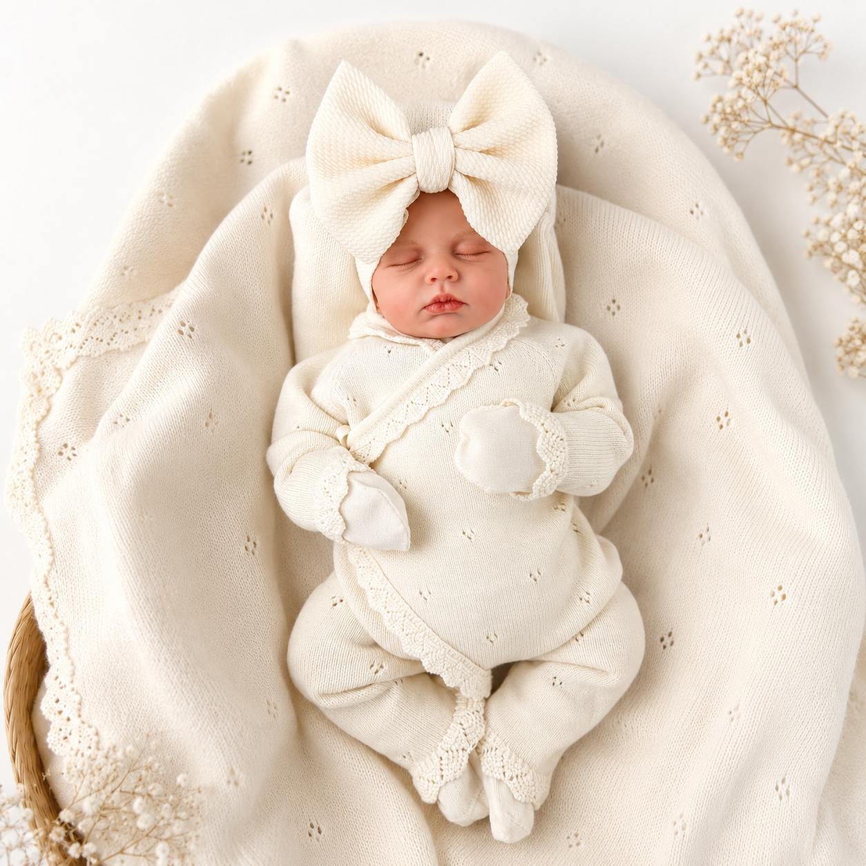 Ivory Baby Girl Coming Home Outfit, Organic Cotton Knit Baby