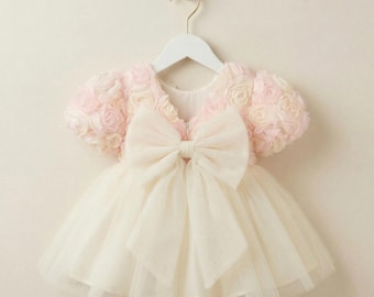 Baby Girl Flower Dress, Pink Tulle Toddler Dress, First Birthday Outfit, Rosette Princess Dress, Baby Shower Dress, Special Occasion Gown