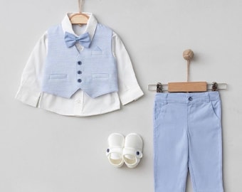 Baby Boy Outfit 4 Piece Set – Vest, Shirt, Pants & Shoes | Baptism, Wedding, Birthday Suit