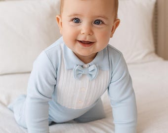 Newborn Baby Boy Cotton Footless Tuxedo Romper with Bow Tie – Elegant Infant Outfit