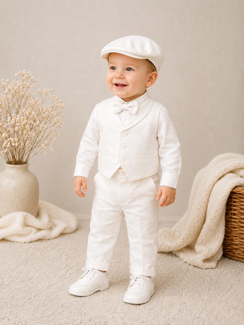 May include: A toddler wearing a white long-sleeved button-down shirt, a matching white vest with three buttons, white trousers with cuffed hems, a white bowtie, and a white flat cap. The outfit is completed with white leather dress shoes.