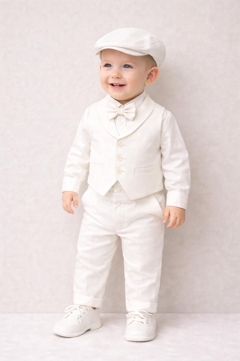 K&ouml;nnte beinhalten: Ein l&auml;chelndes Kleinkind in einem wei&szlig;en formellen Outfit, bestehend aus einem Hemd mit Kn&ouml;pfen, einer Weste, einer Hose, einer Fliege und einer M&uuml;tze. Das Outfit wird mit wei&szlig;en Turnschuhen kombiniert. Der Hintergrund ist eine helle, strukturierte Wand.