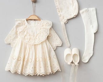 Ivory Baby Eyelet Lace Dress, Baby Girl Christening Dress, Baptism Outfit, Baby Shower Dress, First Birthday Dress, Flower Girl Outfit