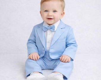 Baby Boy  Light Blue Formal Suit 4 Piece Set – Jacket, Shirt & Pants.Bow