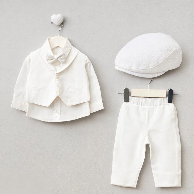 K&ouml;nnte beinhalten: Ein wei&szlig;es formelles Outfit f&uuml;r ein Baby oder Kleinkind, bestehend aus einem Hemd mit Weste, Fliege, Hose und einer Schieberm&uuml;tze. Die Kleidung wird auf Kleiderb&uuml;geln vor einem hellgrauen Hintergrund pr&auml;sentiert.