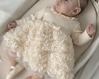 Baby Girl Black Rose Tulle Dress Set, Bow Headband, Birthday Outfit