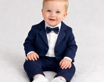 Navy Blue Baby Boy Formal Suit 4 Piece Set – Jacket, Shirt & Pants.Bow