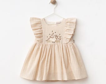 Peach Muslin Baby Dress with Ruffle Sleeves and Goose Embroidery | Organic Cotton Toddler Dress