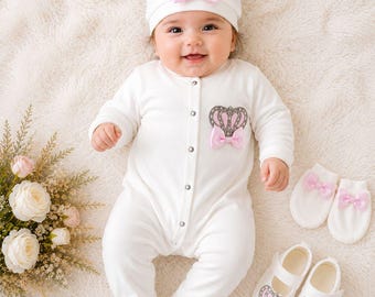 Princess Crown Newborn Baby Girl Outfit Set, Ivory Cotton Romper with Hat, Mittens & Shoes, Baby Coming Home Outfit, Baby Shower Gift