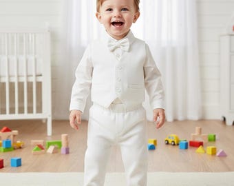 Komplet garniturowy dla chłopca z muślinu w kolorze granatowym z muszką bawełnianą