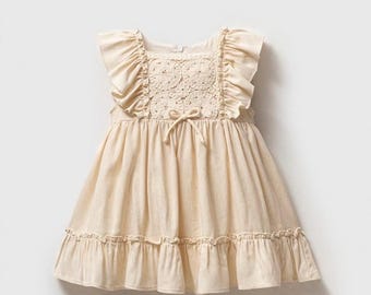 LinenVintage Lace Cotton Flutter Sleeve Dress, Bow Detail, Ruffle Hem, Cream Color, Girls