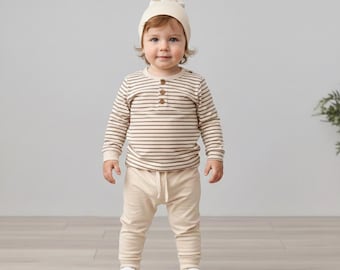 Organic Cotton Baby Outfit Set: Beige Stripe Top, Pants & Knot Hat