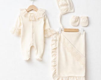 Ivory Lace Baby Girl Romper Set – Bonnet, Blanket, Mittens, Baptism Outfit