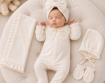 Ivory Lace Baby Girl Romper Set – Bonnet, Blanket, Mittens, Coming Home Set