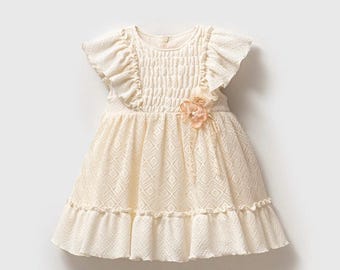 Girls Vintage Cream Lace Dress: Flutter Sleeves, Floral Accent