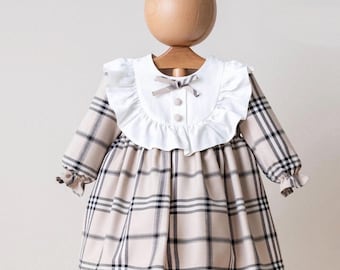 Plaid Baby Dress: Vintage Ruffle Collar, Long Sleeves