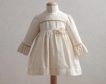 Ivory Christening Dress, Long Sleeve Flower Girl Outfit, Baby Baptism Gown