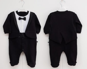 Baby Boy Tuxedo Romper – Formal Outfit with Bow Tie | Newborn Coming Home Suit