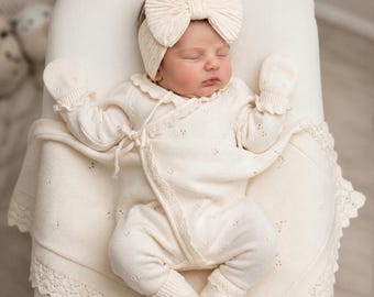 Pink Baby Girl Coming Home Outfit, Organic Cotton Knit Baby Clothes, Newborn Hospital.Gift
